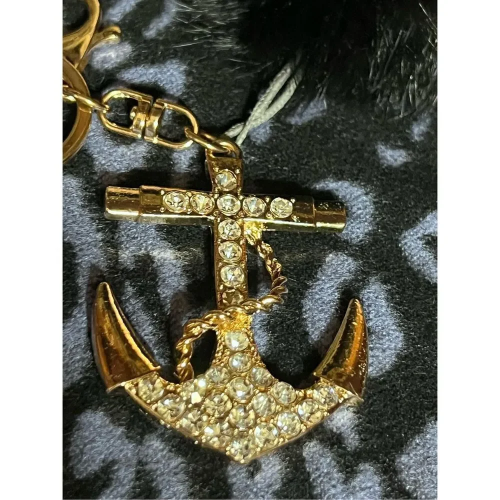 Rhinestoned Anchor Bling Key Fob with Mink Pom Pom